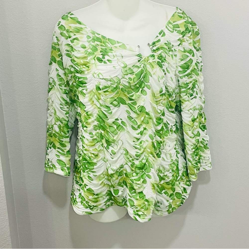 Cartise Women’s Size XL Green & White Ruched Textured 3/4 Sleeve Blouse Top